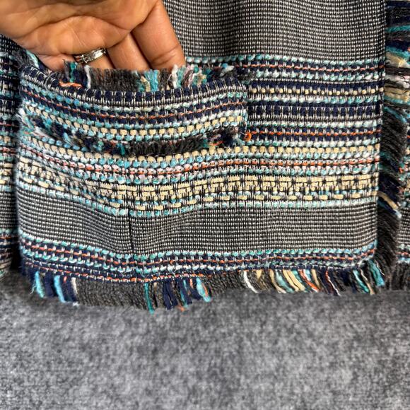 Halogen Blazer Womens 8 Blue Colorful Striped Tweed Fringe Twee Business Career - Picture 5 of 12